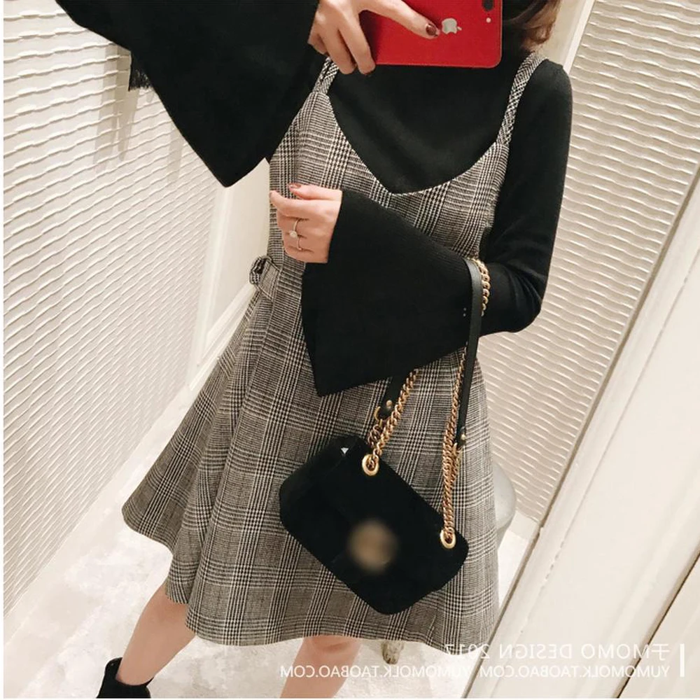 

2021 New Retro Dress Women Autumn Winter Vintage Woolen Plaid Dress Female Spaghetti Strap Elegant Dress Ladies Casual Vestidos