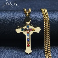 colorful crystal stainless steel cross catholicism pendants necklace women gold color necklaces jewelry collares mujer n4922s05