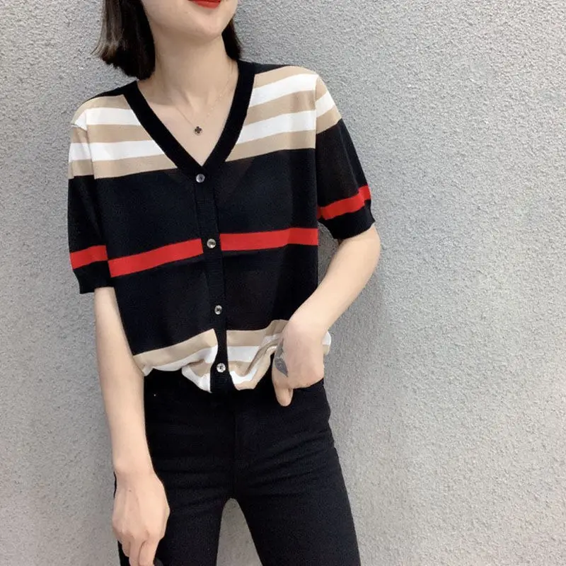 

2021 spring and summer new ice silk knitted cardigan thin short sleeve women's sunscreen top V-neck stripe shawl coat