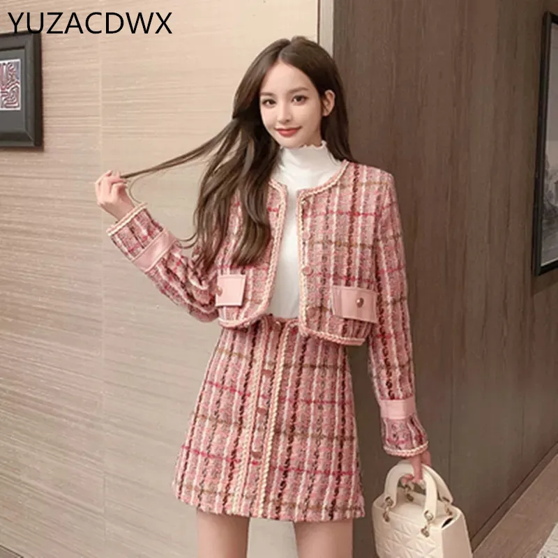 YUZACDWX Small Fragrance Winter Suits Women Fashion Tweed Single Breasted Coat+Short Skirt Two Piece Set Autumn 2021