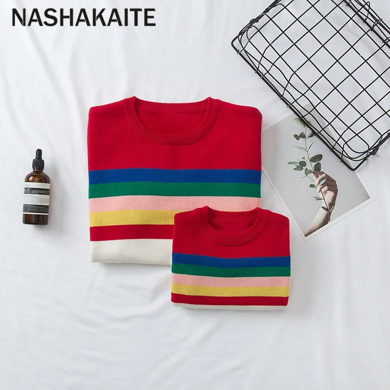 NASHAKAITE/свитер для мамы и дочки; вязаные свитера в радужную полоску для мамы и дочки; зимняя одежда для мамы и дочки