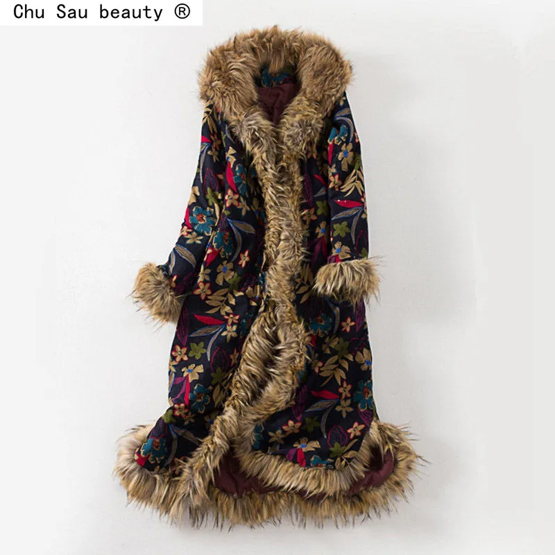 Winter Vintage Ethnic Style Women Floral Cotton-Padded Coat Long Thick Large Fur Collar Loose Hooded Padded Jacket