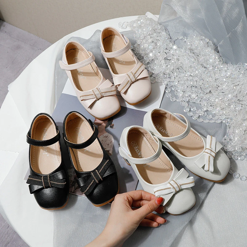 

New Spring/Autumn Leather Shoes Children Dress Dance High Heels Girls Bow Moccasins Princess Baby Student Kids Single Shoes 04