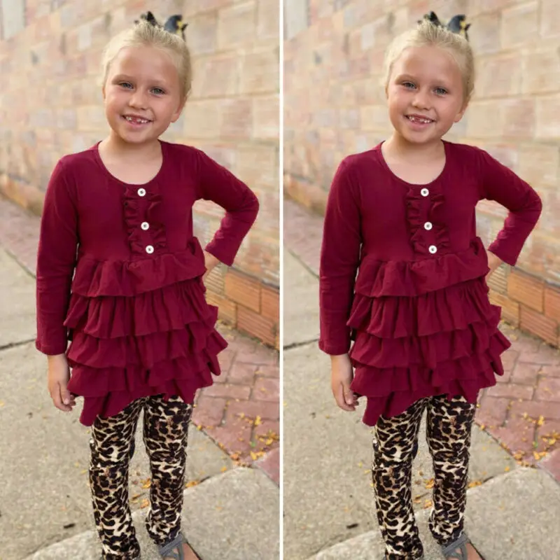 

Toddler Baby Girl Clothes 2PCS/Sets Ruffle Tops Dress+Leopard Leggings Pants Outfit Ruffles Fashion Sets Long Sleeve Top
