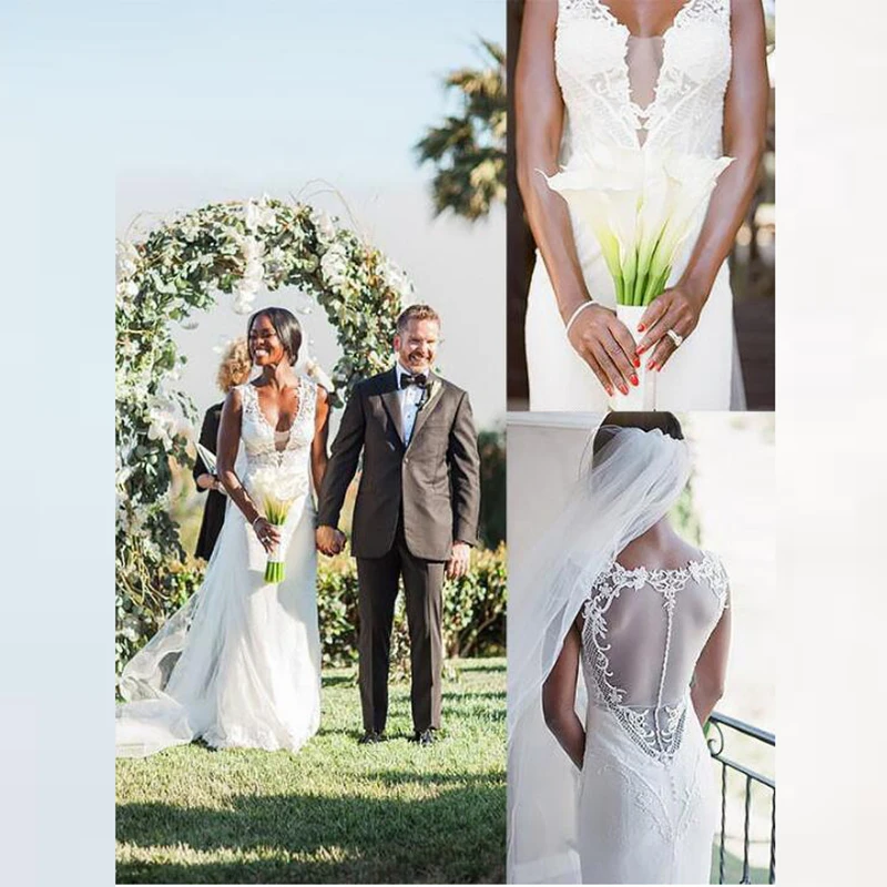 

Latest Arrival Charming Lace Sleeveless Bridal Wedding Dresses Deep V Neckline Illusion Back Wedding Gowns for Bride Appliqued