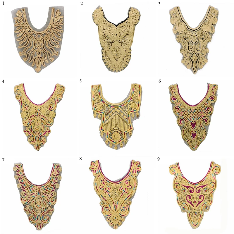 

1pc Gold Embroidery Ethnic Style Collar Venise Sequin Floral Embroidered Applique Lace Neckline Collar Garment Accessories