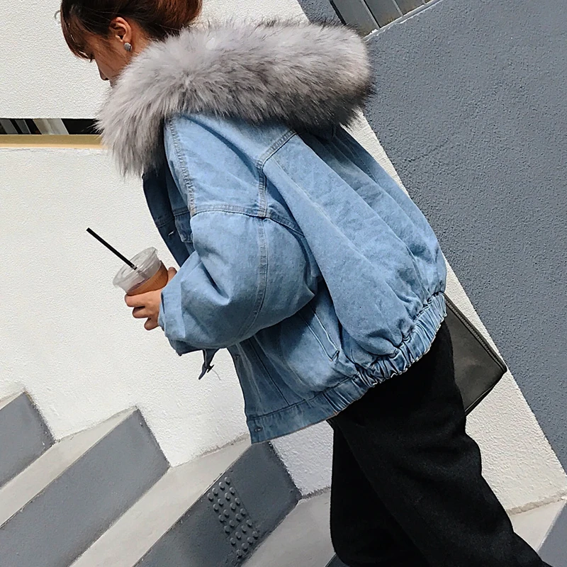 

LIBERJOG Women Velvet Thick Denim Jacket Female Winter Warm Big Fur Collar Lamb Coat Female Student Coat