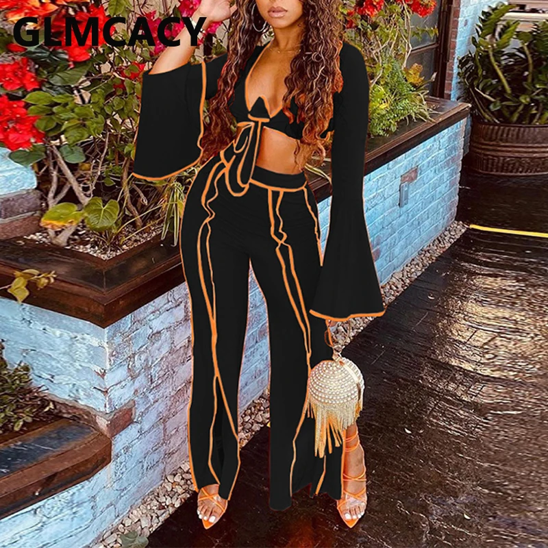 

Two Piece Outfits for Women Long Sleeve V-neck Top & Wide Leg Bodycon Pant