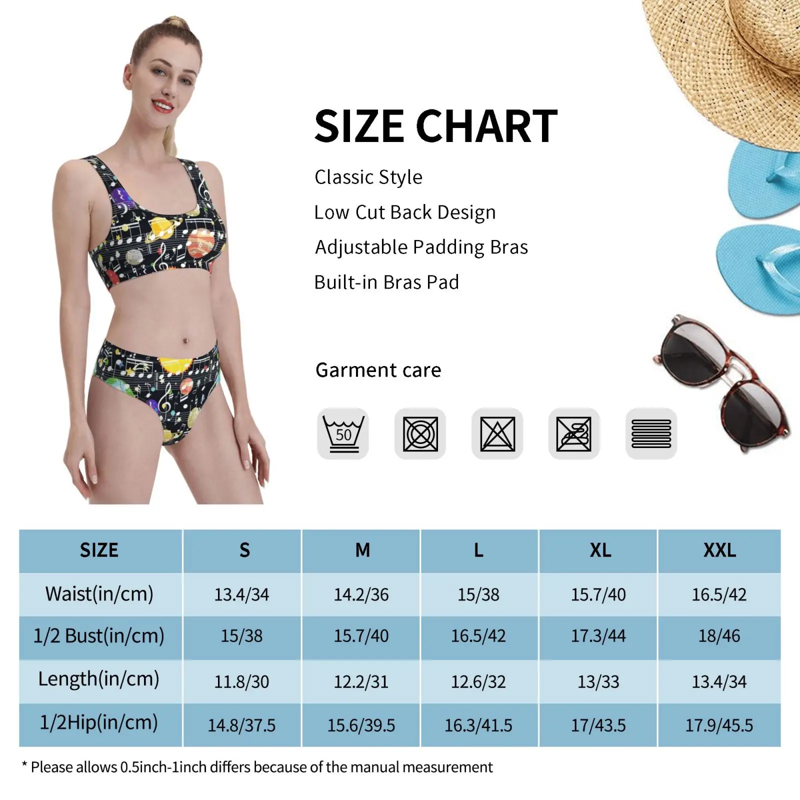 

Musical Notes With Sun And Planets , Music Player Singer Composer Pianist Gift Swimsuit one piece Bikini Padded Guitar