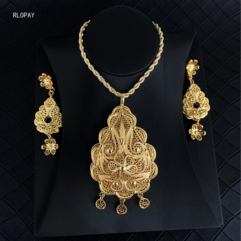 Conjuntos de Jóias de Casamento Jóias de Noiva Cor do Ouro Elegante Argélia Feminino Brinco Colar Árabe Étnico Bijoux Conjunto