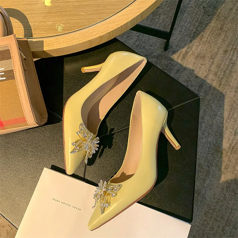 

Meotina Women High Heel Shoes Genuine Leather Stiletto Heels Pumps Crystal Bow Pointed Toe Fashion Shoes Party Footwear Yellow