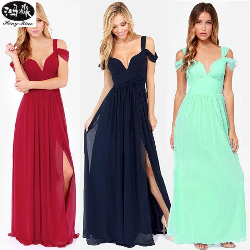 

HongMiao 2021 New Fashion Women Sexy Party Dress Solid Nightclub Dresses Slit V-neck Halter Floor Length Long Max Vestidos HQ