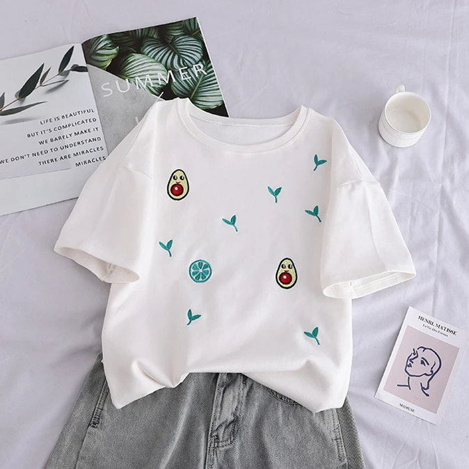 Корейская мода Kawaii Мультфильм авокадо печатных короткий рукав Футболка женская