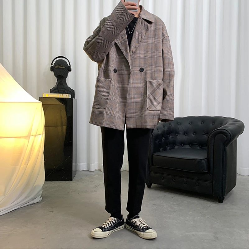 

Luck A Harajuku Plaid Casual Blazer Korean Boyfriend Style Loose Jackets Autumn Fashion Man Blazers Coat Tops