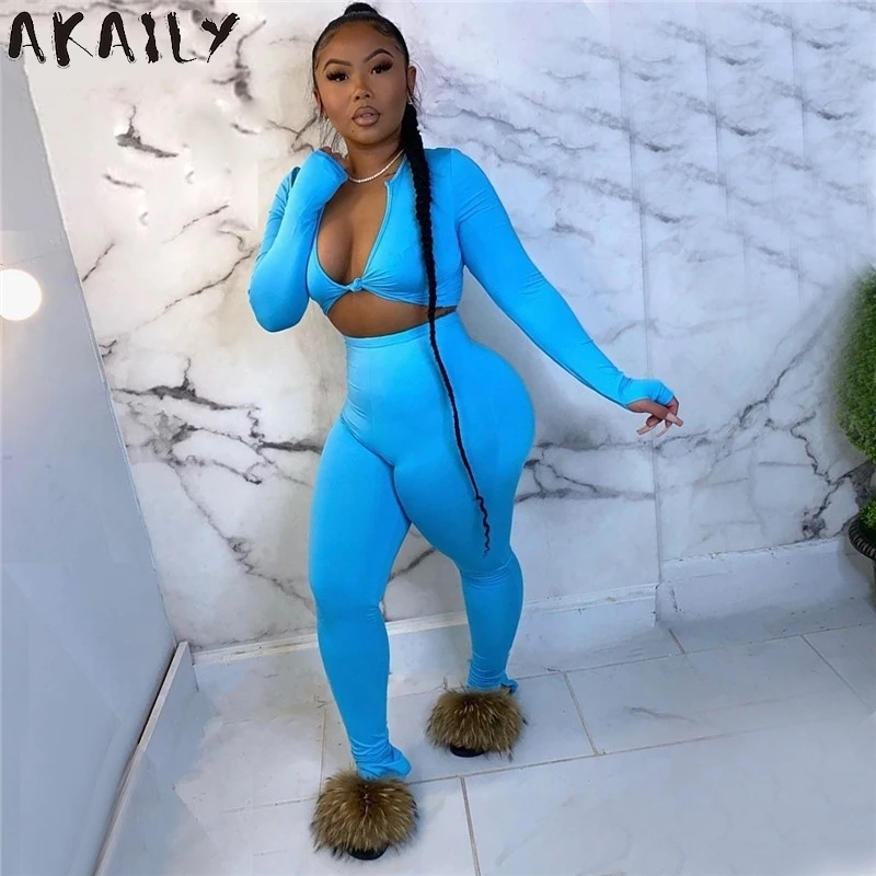 

Уличная одежда AKAILY, комплект из двух предметов, женская розовая одежда, короткий топ с длинным рукавом, леггинсы, женские спортивные комплек...