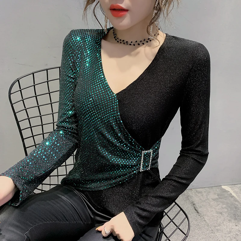 Женская Блестящая футболка контрастных цветов весна осень 2020|Футболки| |