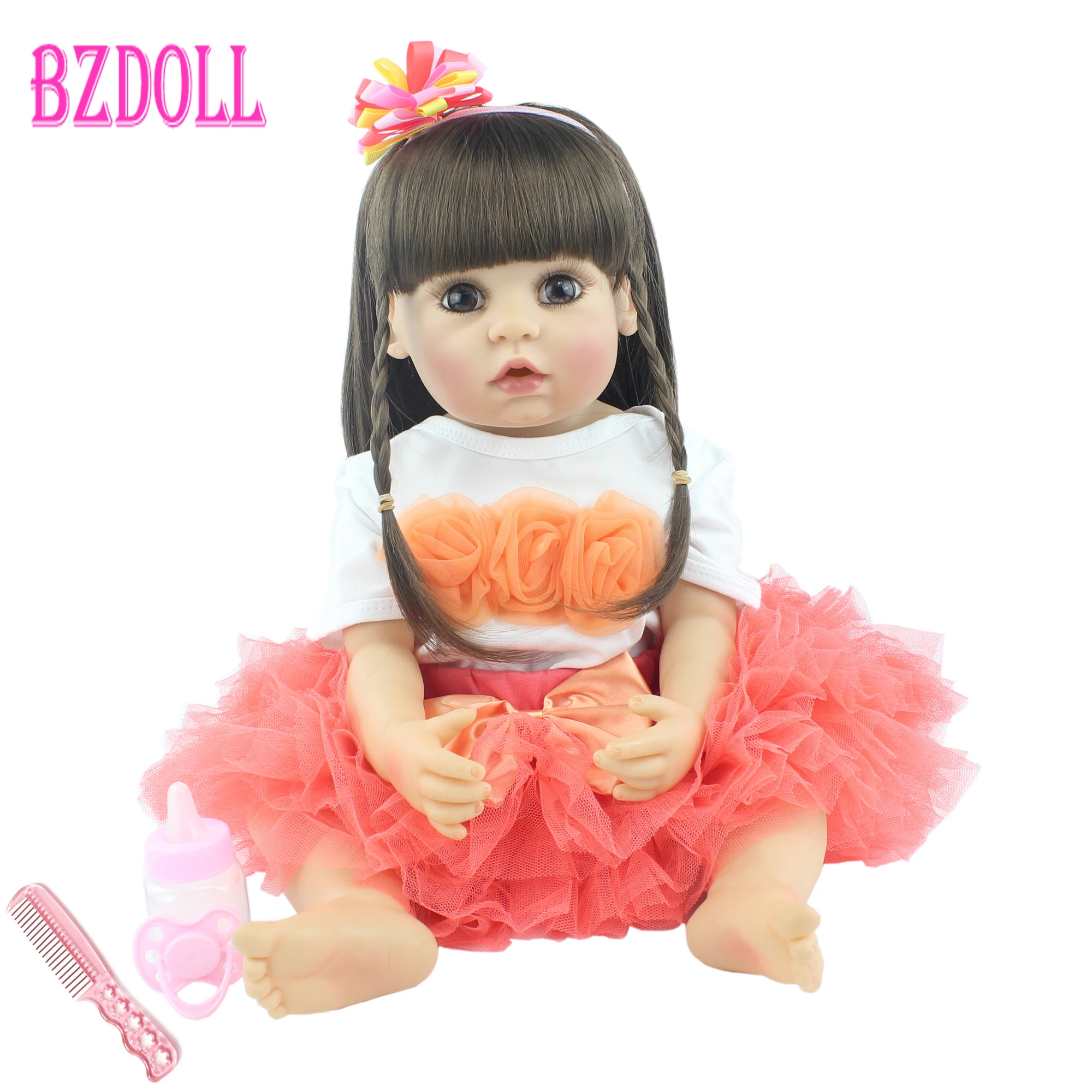 

55cm Full Silicone Reborn Baby Doll Toy Vinyl Newborn Babies Dress Up Long Hair Princess Girl Bebe Birthday Gift Play House Toy