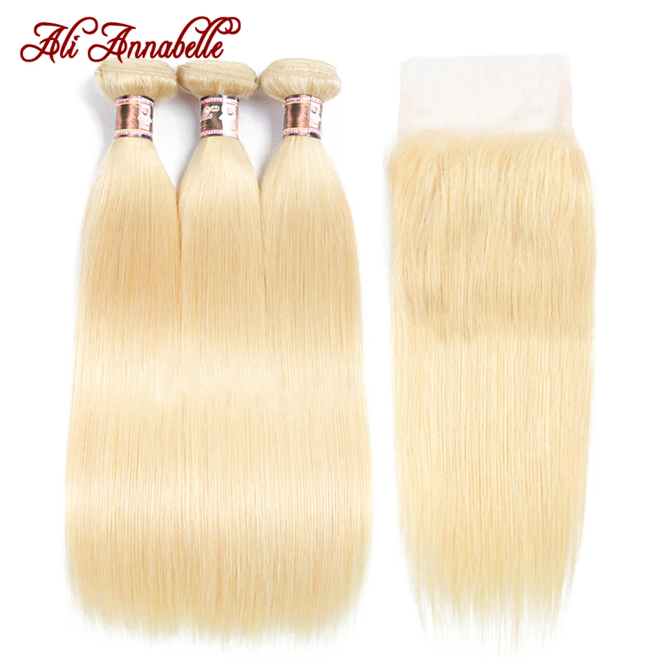 613 человеческие волосы пряди с закрытием перуанские прямые Remy блонд закрытием|3/4