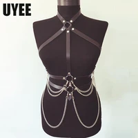 uyee pu leather body harness chain belt bra to waist bondage gothic lingerie sexy suspenders neck straps pole dance garter belts
