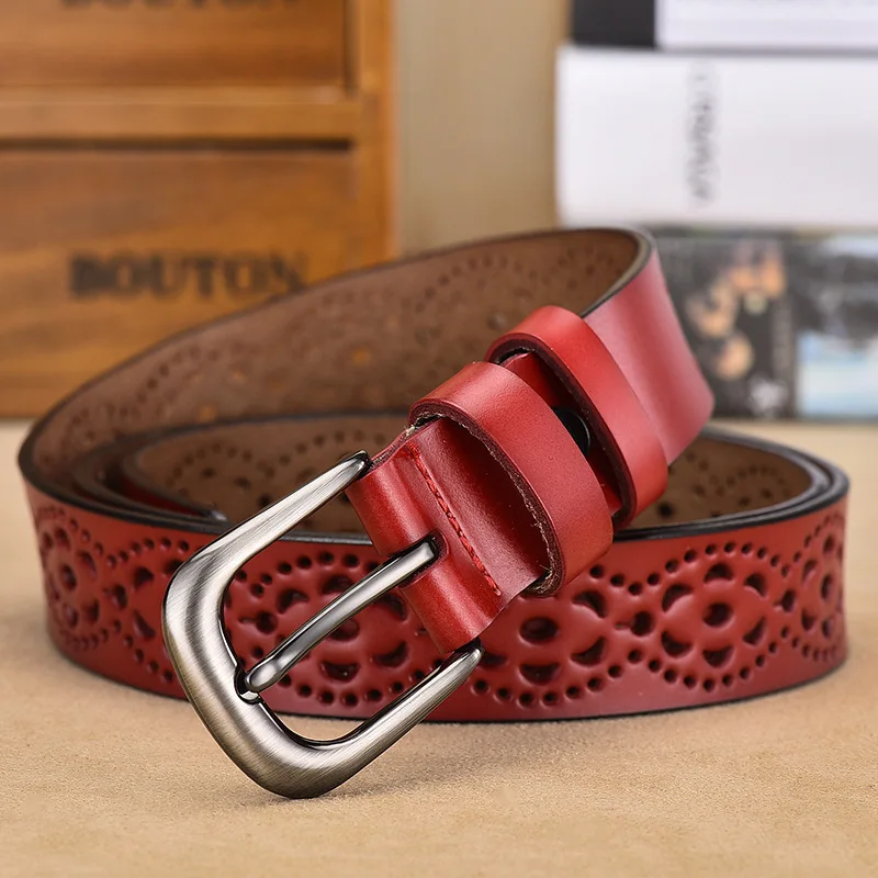 

Hollow Women Belt Cowhide Genuine Leather Waistband Fashion Vintage Jeans Pin Buckle Belts Luxury Belt White Belt for Women