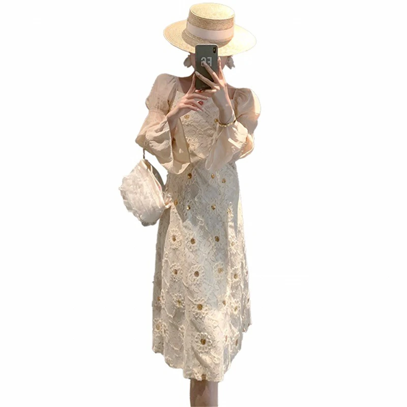 

Sweet Lace Fairy Dress For Slim Lady Vintage Mori Girl Flare Sleeve Retro Princess Clothes Women Elegantes L31