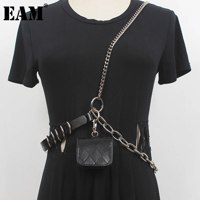 

[EAM] Pu Leather Black Metal Chain Spliced Long Belt Personality Women New Fashion Tide All-match Spring Autumn 2022 1DE4637