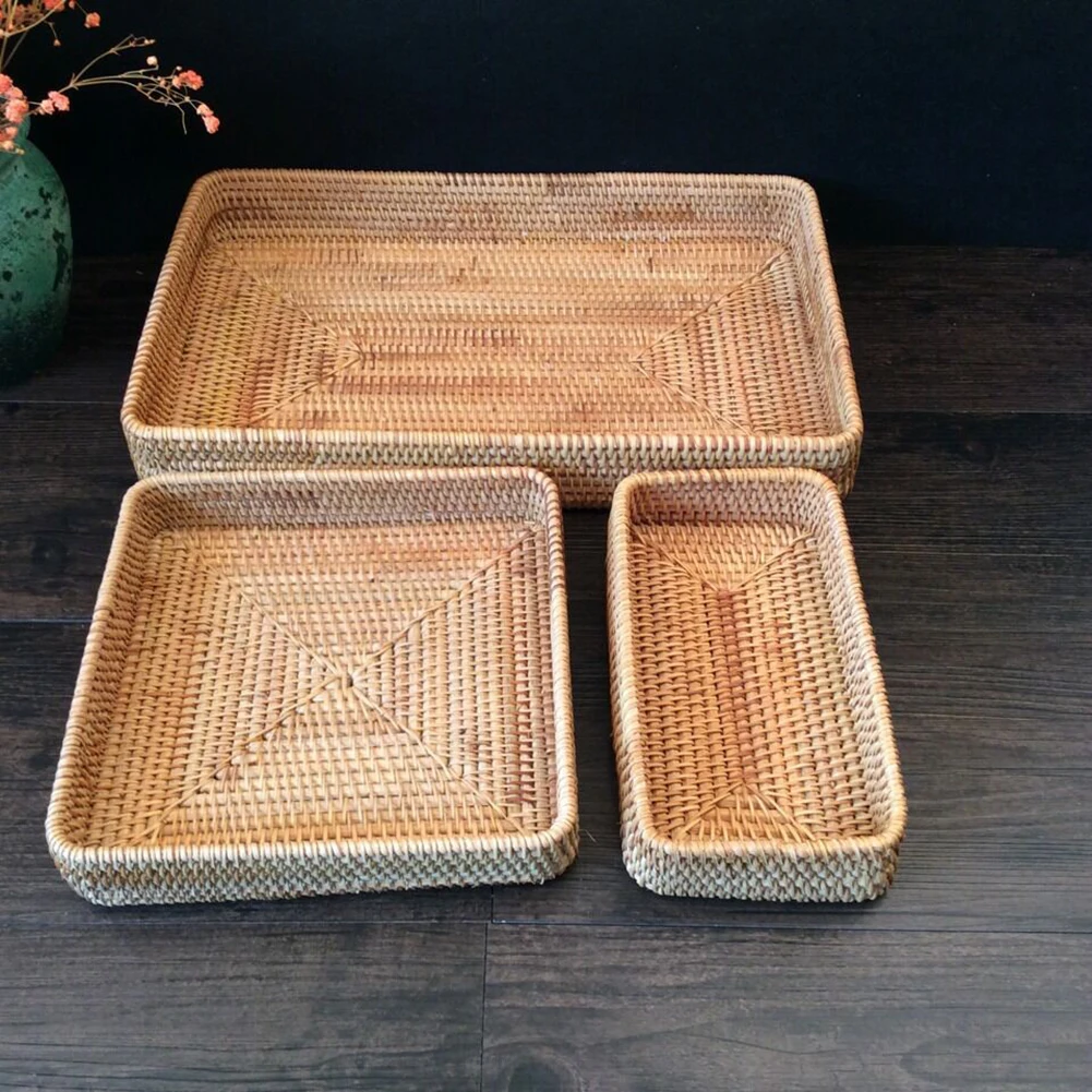

3PCS/Set Rattan Hand Woven Food Storage Tray Rectangle Serving Tray Organizer For Desktop Candy Vegetable Fruit Snack