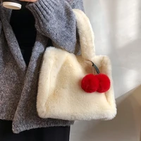fluffy plush tote cherry faux fur bags for women handbags winter soft shopper bags for women 2022 female black bag clutch purses