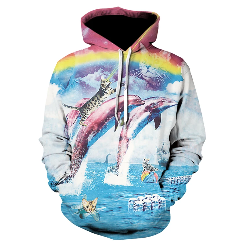 

Rainbow double jump dolphin 3D animal print hoodie hip hop fun street wear hoodie thin sweatshirt