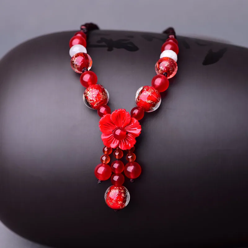 Temperamental Ethnic Style Red Onyx Beads Necklace Fashion Golden Sand Coloured Glaze Pendant Elegant Female Jewelry | Украшения и