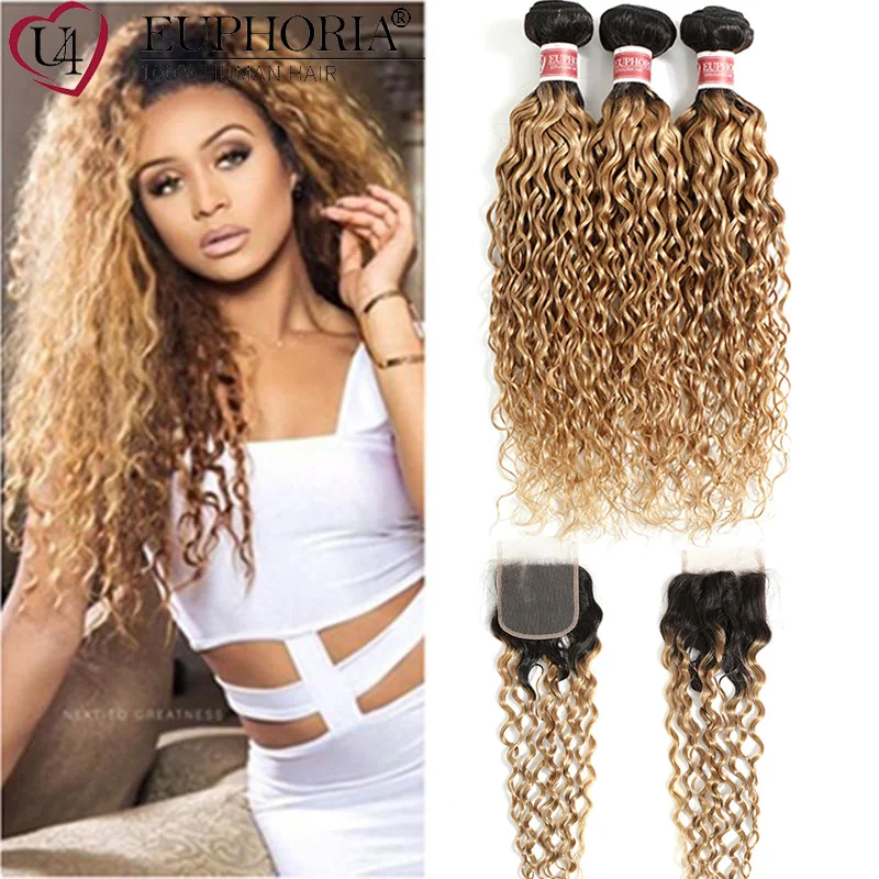 

Water Wave 1b/27 Bundles With Lace Closure Ombre Blonde Wavy Brazilian Remy Human Hair Bundles With 4x4 Lace Closure Euphoria