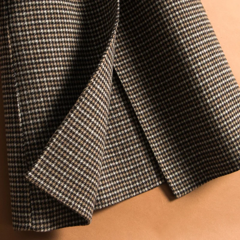 

100% Wool coat 2020 New small plaid long wool coat double-side cashmere cloth fit female overcoat cultivate morality slim waist