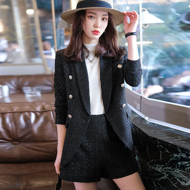Boliyae Suit with Shorts for Women Spring and Autumn New Plaid Tweed Long Sleeve Blazer Sets Fashion Double Breasted Jacket Tops