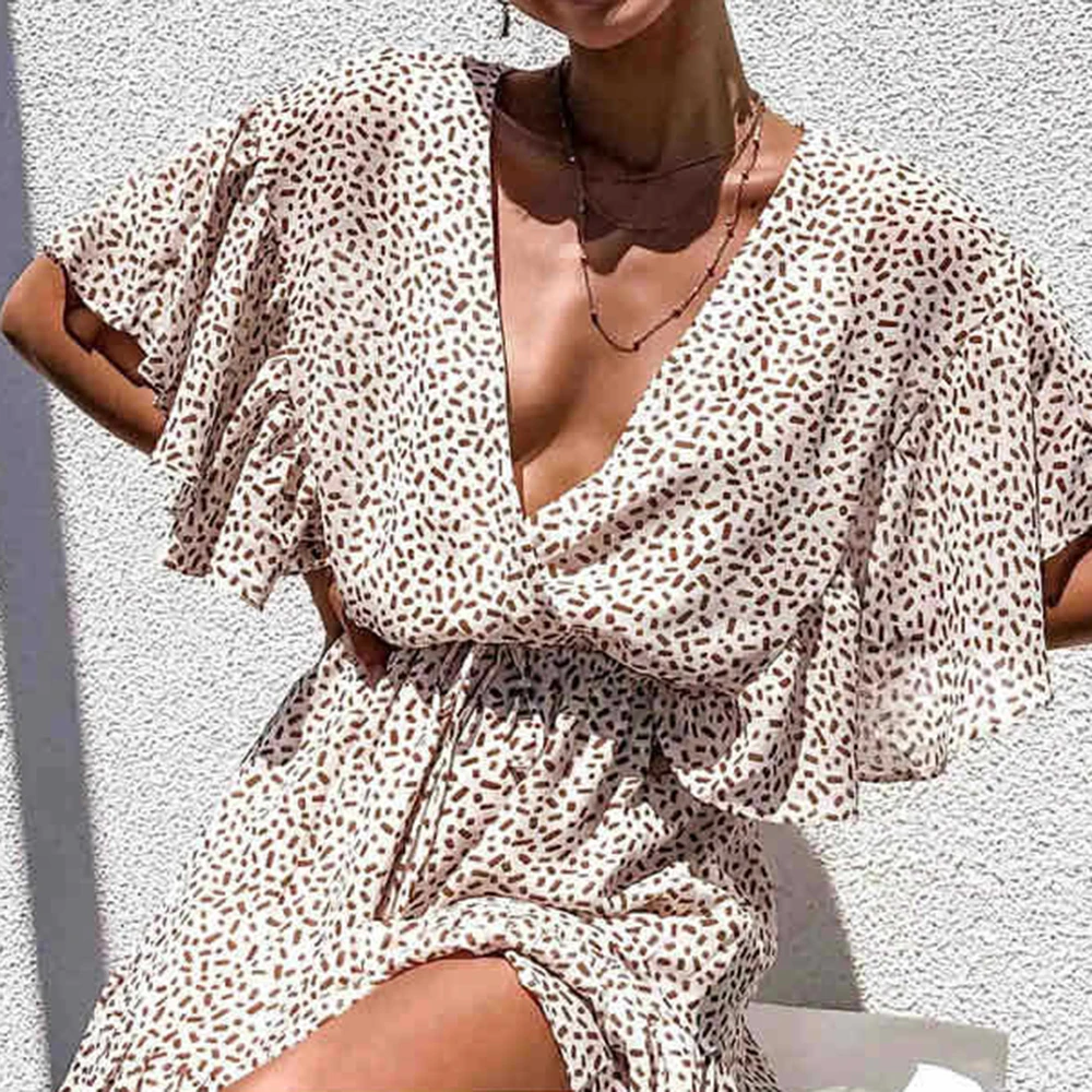 

Women Sexy Deep V Neck Leopard Print Mini Dress Summer Fashion Back Button Ruffle Short Sleeve Chiffon Woman Beach Dresses Robe