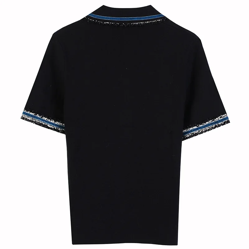 

Babyoung New Fall/winter New Women's Wear Contrast Color Striped Short Sleeve Pullover Doll Collar Black Slim Knit Top