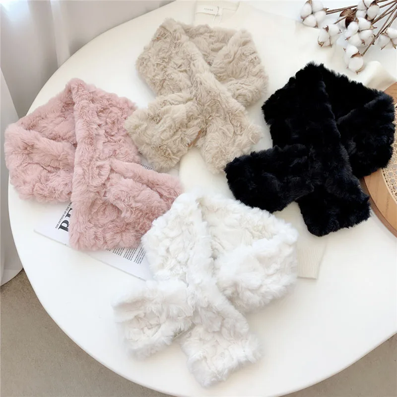 

Furry Collar Scarves Neck Warmer Women Men Plush Scarf Thick Warm Shawls Wraps Solid Color Fluffy Cross Scarf Faux Fur Scarf