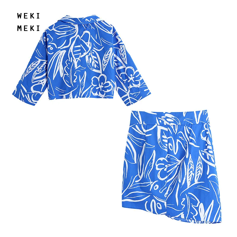

2 Piece Set for Women's Clothing Summer Blue Printed Short Sleeve Polyester Women's Blouses Tops Buttoned Mini Skirt Sets 5.22