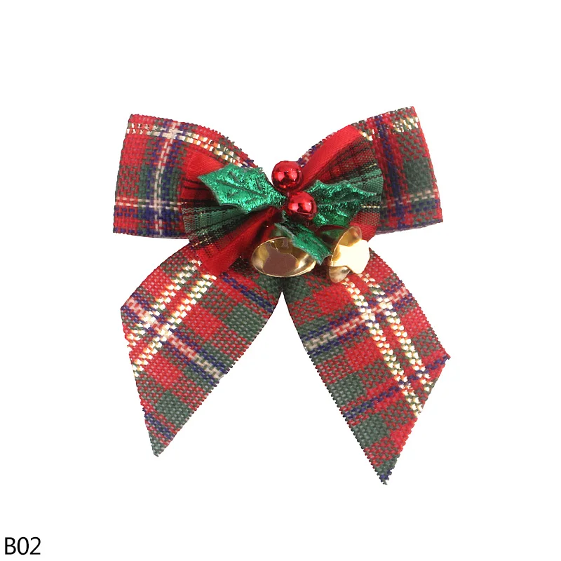 B02 8*8cm Christmas Bow With Mini Bells Christmas Tree Grid Bowknot Ornament for Xmas New Year Party DIY Gift Wrapping Decoration 8z - Цвет: B02