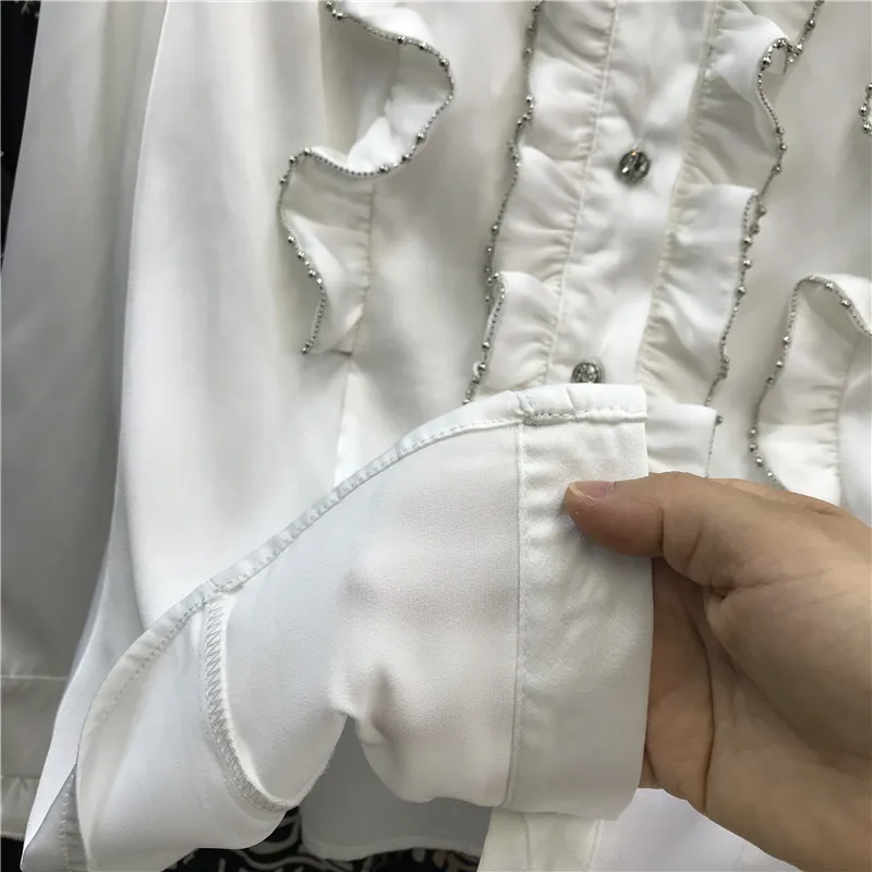 

2021 Spring New Fashion Solid Color Long-Sleeved Shirt Women's White Ruffled Beaded Cardigan Bottoming Top Female Blouses