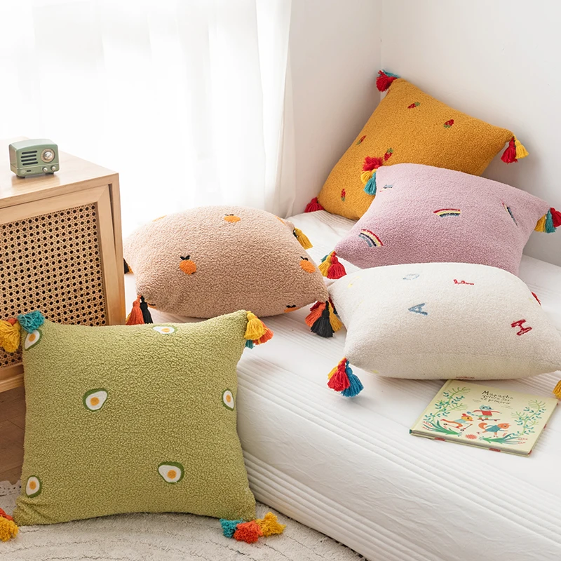 

Soft Cushion Cover 45x45cm Fluffy Comfort Pillow Cover Embroidery Home Decorative Rainbow Tassles For Living Room Bed Room