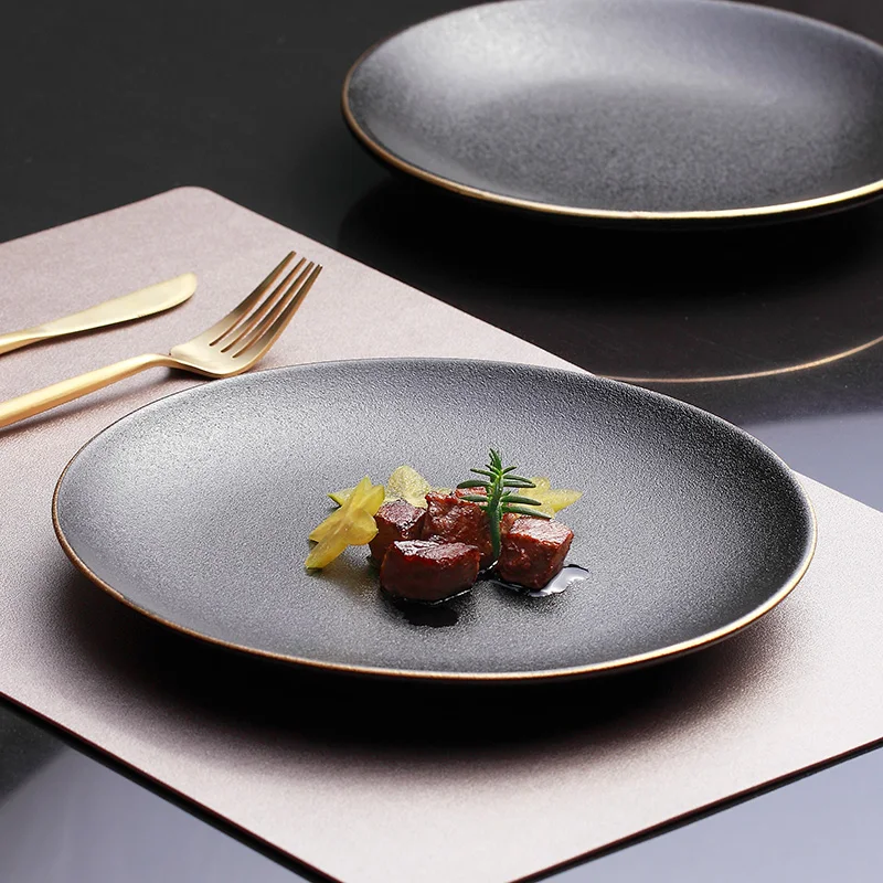 

Black Ceramic Dinner Plates Steak Creative Art Fashion Vegetable Plate Matte Round Vajilla Negra Restaurant Supplies DI50CJ