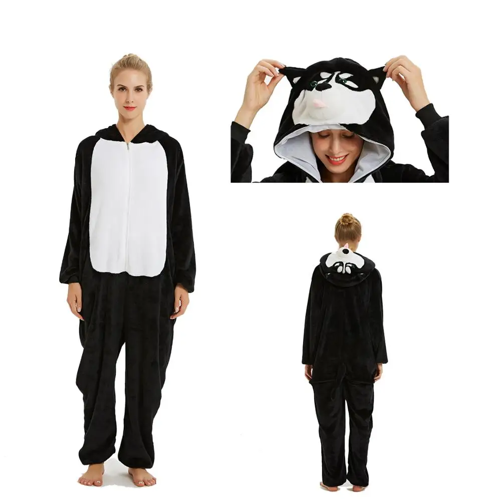 Black husky Для взрослых аниме Хэллоуин Косплей Костюм Onesie женские костюмы мультфильм животных пижамы Ститч Единорог Покемон зима теплый - Цвет: Black husky