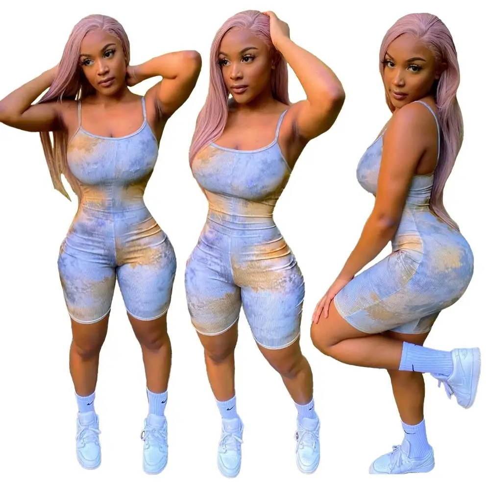

Classic Tie-Dyed Printed Bodysuits Thin Spaghetti Strap Jumpsuits Sleeveless Bodycon Tight Tank Rompers One Piece Short Playsuit