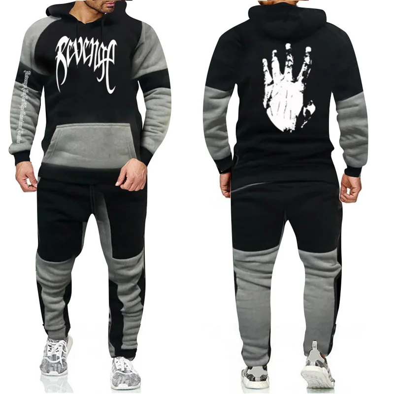 

2020New Revenge Xxxtentacion Men 2 Piece Set Hoodie+Sweatpants Sweatshirt chandals hombre Color matching Jogging Tracksuit S-3XL