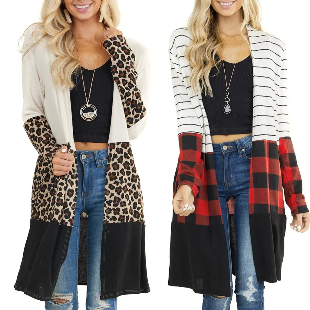 Женские леопардовые/клетчатые полосатые Лоскутные кардиганы Открытое Спереди