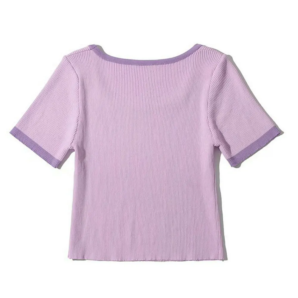 

2021 Summer Women Ice Silk Knitted T-shirt Short Sleeve Square Neck Tops Female Sexy Clavicle Short Slim Top