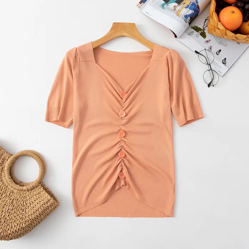 Женские топы с V образным вырезом трикотажные модные женские рубашки коротким