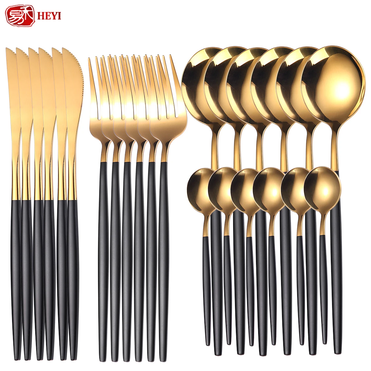 

24pcs Upscale Gold Dinnerware Set Stainless Steel Tableware Set Knife Fork Coffee Spoon Flatware Dishwasher Safe Cutlery Set YSH