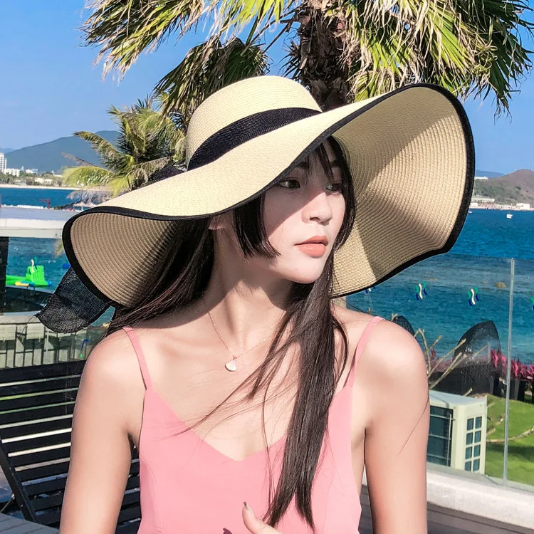 

Wide Brim Oversized Beach Hats For Women Big Bow Large Straw Summer Sun Visor Bucket Hat UV Protection Foldable Sun Shade Cap