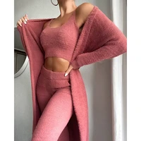autumn winter soft fluffy three piece sets women sexy off shoulder crop tops and long pants homesuit casual ladies 3 piece suit